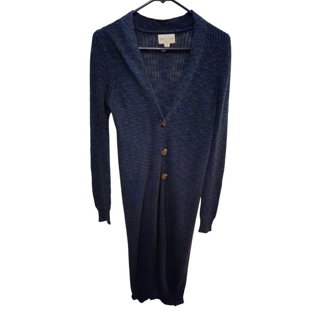 Navy Open Knit Duster Cardigan Small Blue Longline Button Front Boho Breathable